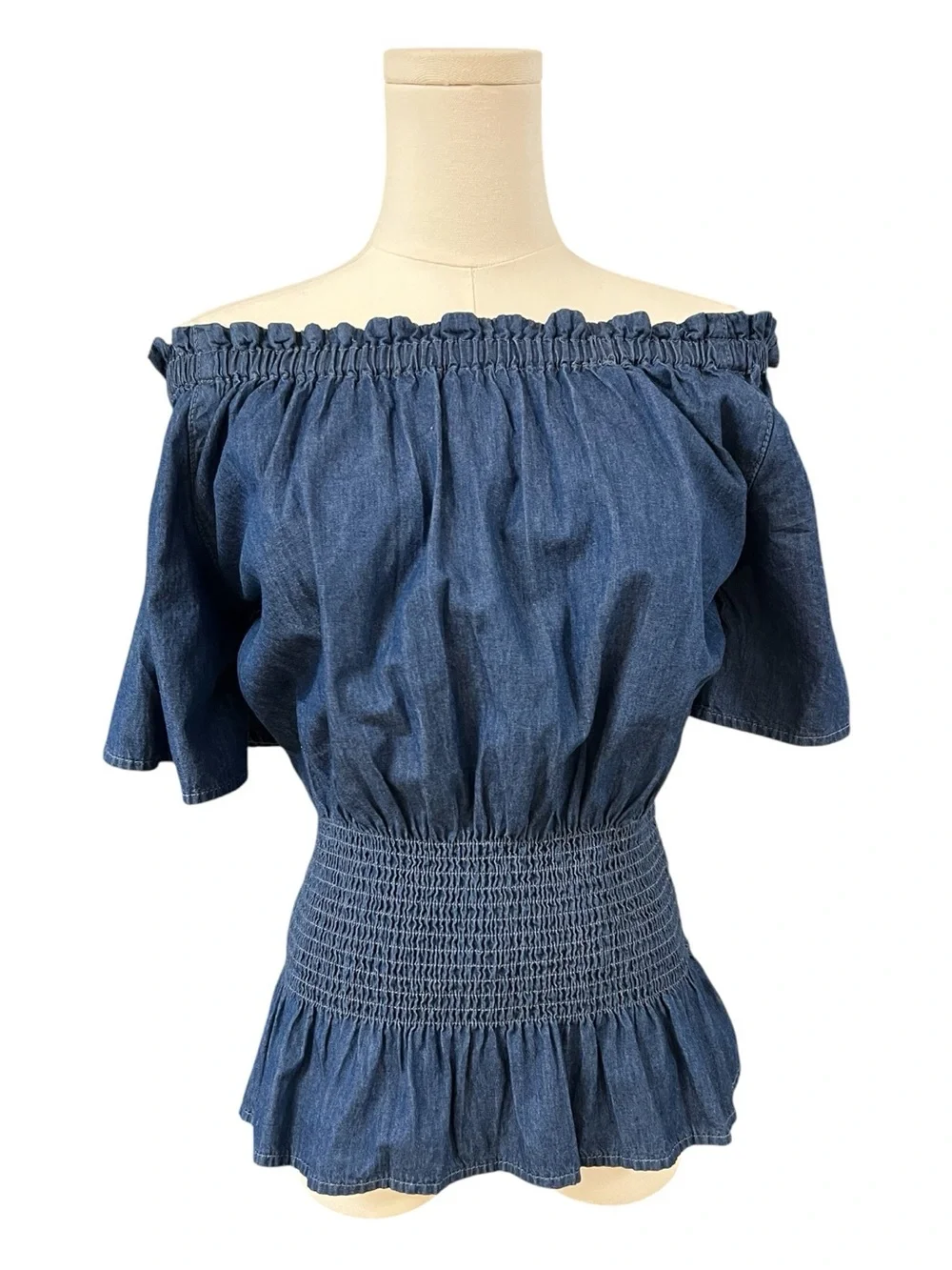 NWOT Off the Shoulder Denim Peasant Blouse Smocked Waist | Size M